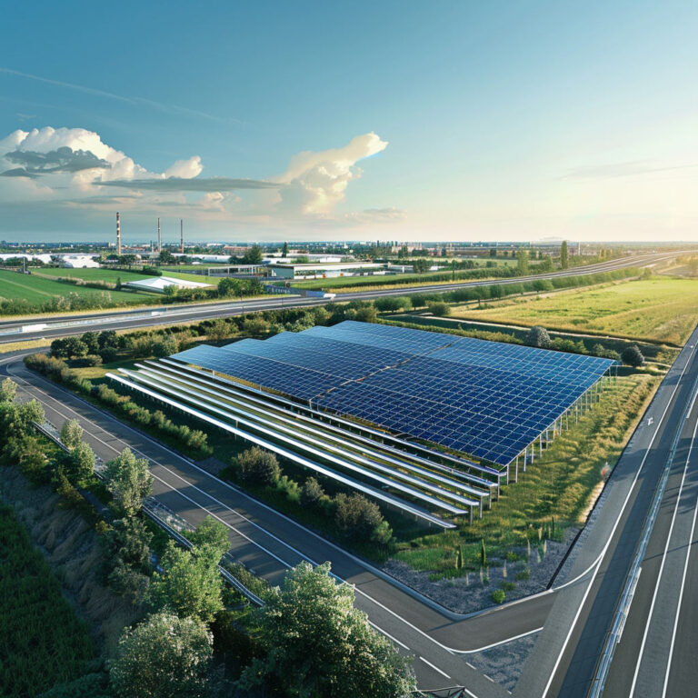 Pannelli fotovoltaici a terra vicino a infrastrutture e area industriale, scenario di aree idonee